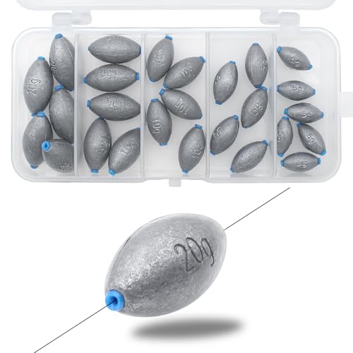 Egg Fishing Sinkers Weights Assortment, 26pcs 5/6 Size Bullet Fishing Weights Lead Oval Shape Bass Casting Worm Bullet Tackle for Saltwater Freshwater Fishing - size: 5 sizes-26pcs