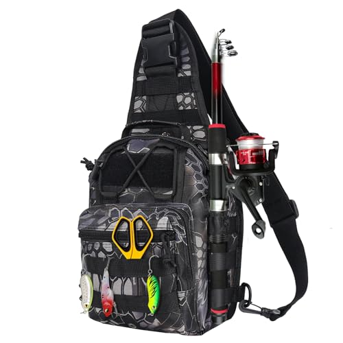 Fishing Backpack Small Fishing Tackle Storage Bag with 3 Methods of Carrying Large Capacity Sling Backpack for Outdoor Hiking Travel Hunting (Pythonskin Black) - color: Pythonskin Black