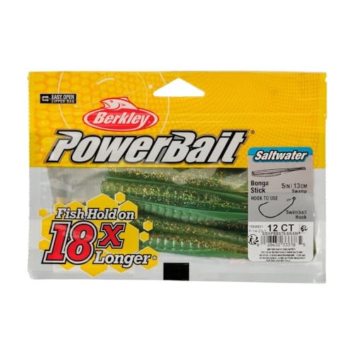 Berkley PowerBait Saltwater Bonga Stick Fishing Soft Bait, Irresistible Scent and Flavor, Ideal for Bass, Redfish, Trout and More - color: Swamp, size: 5"