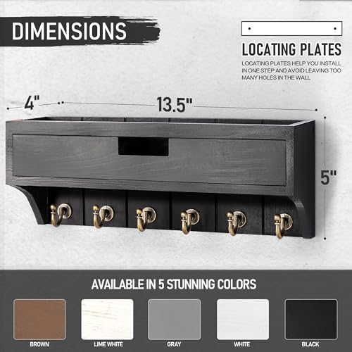 Rebee Vision Decorative Pine Wood Key Holder Wall Mount with Drawer Organizer – Modern Mail Organizer with 6 Key Hooks and Storage Drawer – Home Decor for Apartment Essentials (Black) - color: Black, style: 1-Drawer