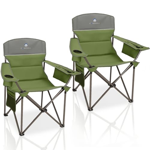 Oversized Camping Chairs 2 Pack - Heavy Duty 400LBS Padded Lawn Chair with Cooler Bag,Cup Holder,Side Pocket,Collapsible for Outdoor,Camp,Fishing & Garden,Olive Green - color: Olive Green