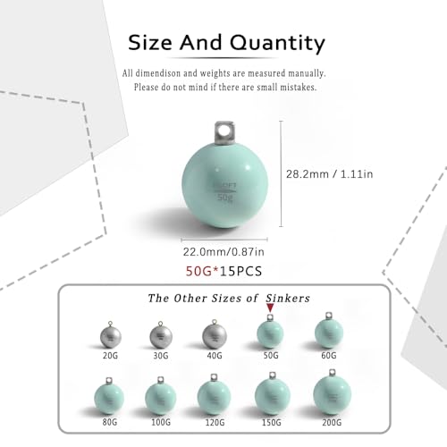 Lead Free Fishing Weights Sinkers 20g-200g Coated Egg Sinkers Cannonball Weights Assorted Sizes Bag and Fishing Weights Assortment Box Non-Lead Fishing Weights Saltwater Freshwater - style: 50g(1.76oz)-15pcs