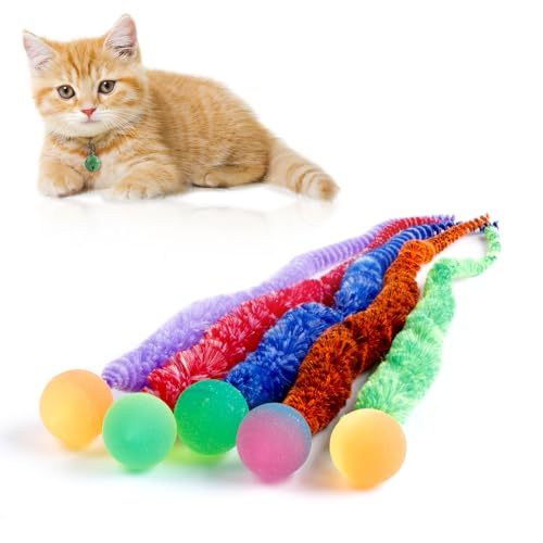 Mixed Bouncy Balls for Cats 5 Pack，Fuzzy Worm Cat Worm Toys with Ball，Magic Worm Bouncy Ball with Tail Cat Toy