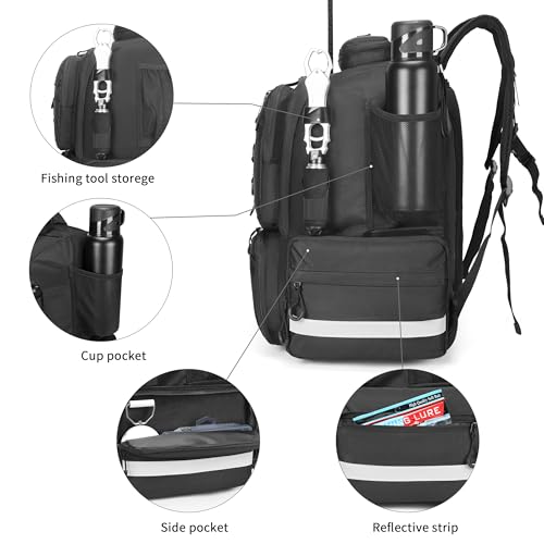 Rabjen Fishing Tackle Backpack, 45L Storage Waterproof Travel Bag Store Fishing Gear with Insulated Top Pocket - color: Black, style: Standard Size 4 Tackle Boxes Included 900d Nylon