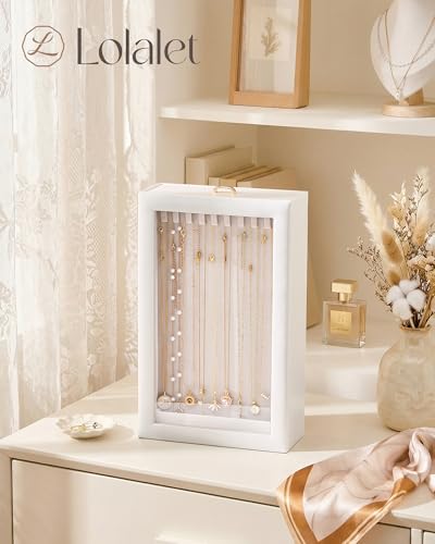 Lolalet Upgraded Double-Sided Hanging Necklace Organizer Box, Jewelry Display Case with Double-Sided Clear Window for Necklaces Bracelets, Tangle-Free Necklace Storage Box, White, 1-Layer 20 Hooks - color: White, size: 1-Layer, 20 Hooks