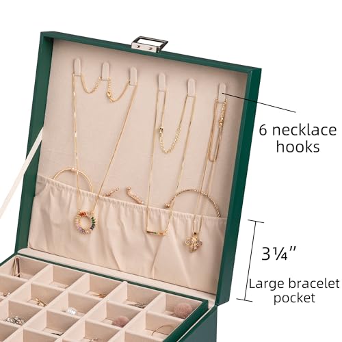 Frebeauty Earring Organizer Classic Jewelry Box 50 Slots Double Layer Jewelry Storage Case with 6 Necklace Hook and Bracelet Pocket(Blackish Green) - color: Blackish Green