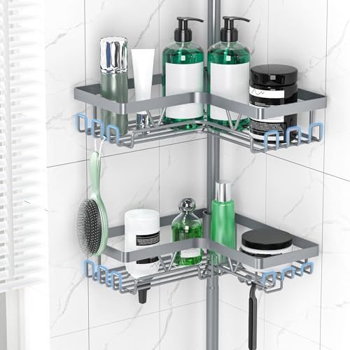 DAOYA Corner Shower Caddy Tension Pole, 4-Tier Rustproof Adjustable Bathroom Organizer for Renters, 25–114.2 Inch for Bathtub Shampoo Storage, Light Gray - color: Light Gray
