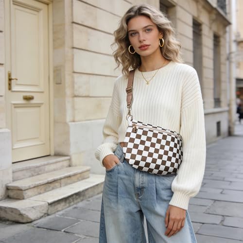 KALIDI Checkered Crossbody Bags for Women Travel Flat Fanny Packs for Woman Men Nylon Cross Body Purse Fashion Belt Bum Bag - color: Brown Checkered