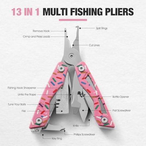 VIRENKNIFE 13-in-1Multi Tool Pliers, Stainless Steel Mini EDC Multitool with Pocket Knife,Screwdriver，Bottle Opener，Fishing Hook Sharpener，Perfect for Camping, Hiking, Fishing（Donut） - color: Pink Donut