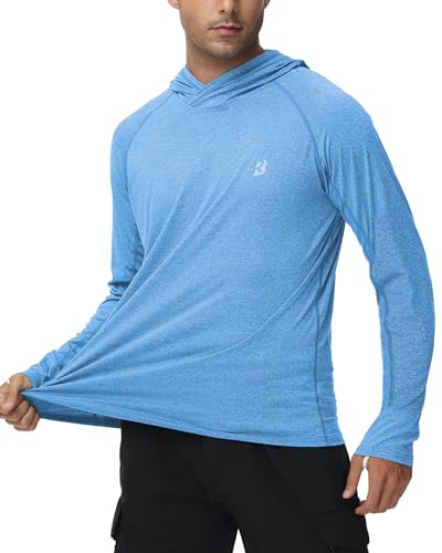 Roadbox Mens UPF 50+ Fishing Shirts, Long Sleeve UV Sun Hoodie, Hiking Running Swim Athletic Workout Shirt - color: A01-light Gray Blue, size: Large