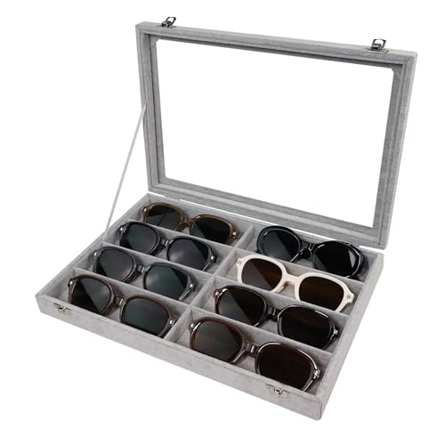 Wudygirl Jewelry organizer Sunglass Organizer 8 Slot Velvet Jewelry Tray Sunglasses Case with Lid Multi Eyeglass Case for Women Men（8 Grid - color: Gray, size: 8 Grid