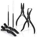EHDIS Hair Extension Beading Tool Kit Stainless Steel Hair Extensions Micro link Bead Closer and Remover Pliers set, Beads Hair Pulling Hook & Micro Ring Loop Tool Set (Black) - color: Black