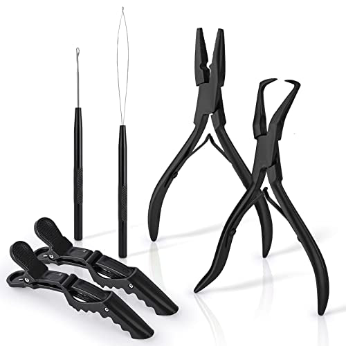 EHDIS Hair Extension Beading Tool Kit Stainless Steel Hair Extensions Micro link Bead Closer and Remover Pliers set, Beads Hair Pulling Hook & Micro Ring Loop Tool Set (Black) - color: Black