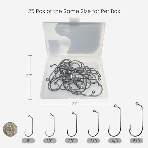 Pristis 25 Pack High Carbon Steel Fishing Hooks, Reinforced EWG Circle Octopus Round Bend 60 Degree Wide Gap Strong Barbed Worm Fish Hook Jig Bait Rig for Saltwater Freshwater Bass Tuna Walleye Trout - color: 60 Degree, size: 1/0