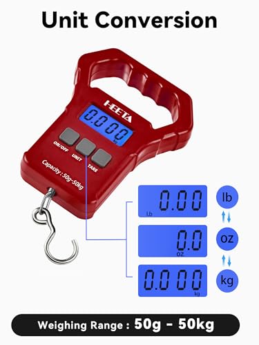 HEETA Fish Scale, 110lb/50kg Digital Portable Hanging Fishing Weight Scale with Backlit LCD Display, Luggage Scale with Hook, Non-Slip Large ABS Handle & 2 AAA Batteries, Fishing Gifts Gear for Men - color: Red