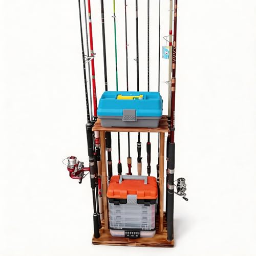 SMMYMGF Wood Fishing Pole Holder,Garage Rod Storage Organizer,More capacity | 1.Store More Fishing Tools2.Rock-Solid Stability3.Fits Large Reels with Ease4.Space-Saving5.Ultimate Gift for Anglers - color: store 12 fishing rods or combos