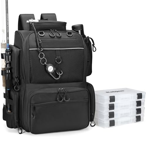 Rabjen Fishing Tackle Backpack with Rod Holders, Bottle Holder, Storage Bag Store Fishing Gear - color: Black