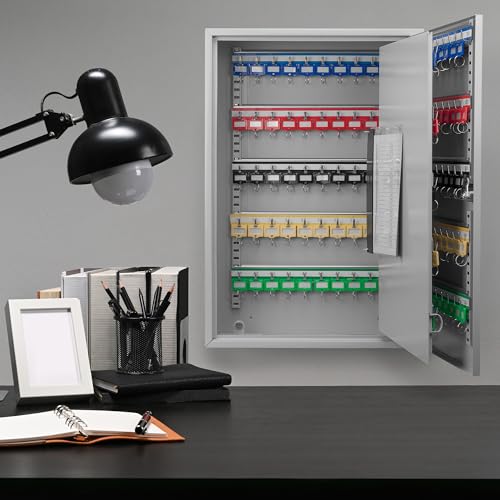 Barska Steel 150 Key Cabinet Organizer – Locking Wall Mount Safe with Numbered Hooks, Index Sheet & Key Tags for Business or Office Security - color: Grey, style: 150 Keys