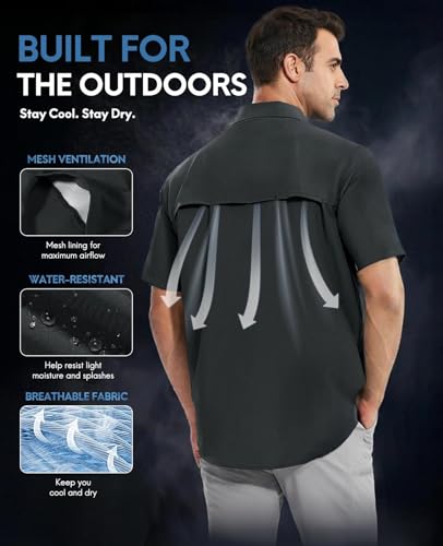 Haimont Men's UPF 50+ Short Sleeve Hiking Button Down Shirt | Quick-Dry Stretch, Mesh Back Vents, Rod Holder & Sunglasses Loops, Outdoor & Travel - color: Dark Grey, size: Medium