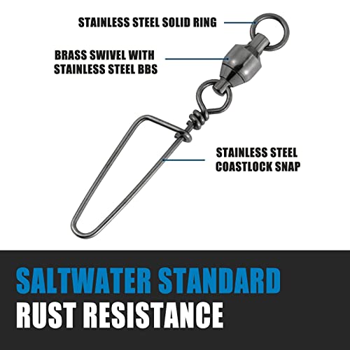 Dr.Fish Fishing Snap Swivels Ball Bearing Swivels Fishing Tackle Saltwater & Freshwater Coast-Lock Lure Snap Clips Terminal Tackle Line Leader Connector Accessories - size: #3-78LB(1.5")