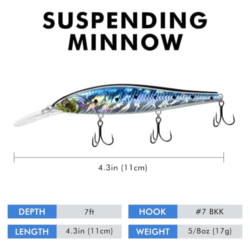 TRUSCEND Suspending Jerkbait, Rattle Minnow Lures with BKK Hooks, Freshwater Bass Trout Striper Walleye Pike Fishing Lures, Variety Pack for All Water Conditions, Premium Fishing Gear and Gifts - color: A3-4.3",0.6oz