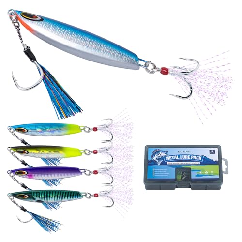 Goture Fishing Jigs, 30g 40g 50g 60g Vertical Jig Saltwater Freshwater, Jig Lures with Assist Hook and Treble Hook, 5PCS Jigging Spoon Lures with Tackle Box, Fishing Jigs for Tuna, Salmon, Bass - color: A2 with Tackle Box, size: 50g