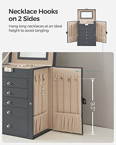 SONGMICS 6-Layer Jewelry Box Organizer with 5 Drawers, Jewelry Storage Case with Lock and Mirror, Large Storage Capacity, Gift for Loved Ones, for Necklaces, Watches, Gray UJBC152G01 - color: Gray, size: 6 Tier