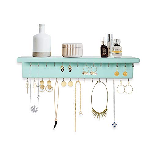 SANY DAYO HOME Jewelry Organizer with 30 Hooks and Cosmetics Shelf, 15 x 3 x 4 inches Wall Mounted Rustic Pine Wood Holder for Necklaces and Bracelets, Suitable for Kids and Adults (Aqua) - color: 30 Hooks Aqua