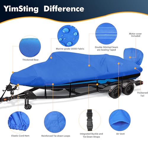 1200D Waterproof Boat Cover - Fits 14' to 16' ft Bass, V-Hull & Tri-Hull Boats - Heavy Duty Canvas Blue - color: Pacific Blue, size: Model A: Fits 14'-16' L X 68" Beam Width