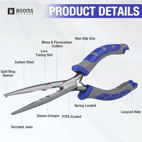 Booms Fishing Needle Nose Pliers: 9" Long Nose Hook Remover and Split Ring Fish Pliers with Lanyard and Sheath - XW10 Multi-Function Saltwater Fishing Gear, Blue & Gray