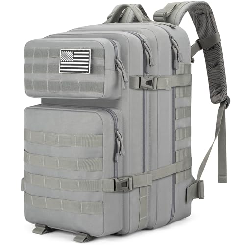 Tactical Backpack 45L Army Military Rucksack, Water Resistant MOLLE Pack, Large 3 Day Bug Out Bag for Men & Women, Durable Outdoor Gear for Hiking, Camping, Hunting, Travel (Grey) - color: Gray