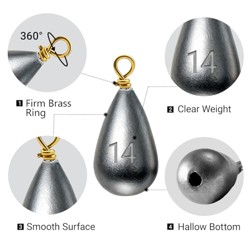 Casting Sinker Weights Assortment, Teardrop Fishing Sinkers with Brass Swivel Loops, 1/8 oz to 3/4 oz, Drop Shot Weights for Bass Catfish, Freshwater Saltwater - color: 35pcs-1/2oz
