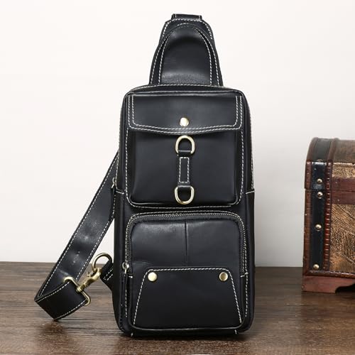 Genuine Leather Sling Bag for Men Women Shoulder Backpack Satchel Crossbody Chest Casual Outdoor Daypack - color: #03black