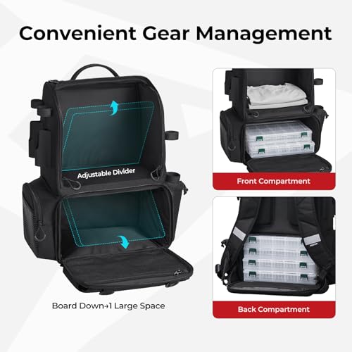 Piscifun 52L Fishing Tackle Backpack with Rod Holders & 4 Tackle Boxes, Large Tackle Bag for Gear Storage with Rain Cover - color: Black