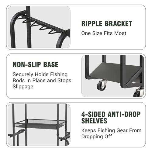 Fishing Rod Holders for Garage with Pegboard and Hooks, Fishing Pole Holders Up to 10 Rods, 3-Tier Anti-Drop Fishing Rod Storage Rack Cart with Lockable Wheels, Heavy-Duty Tackle Gear Organizer