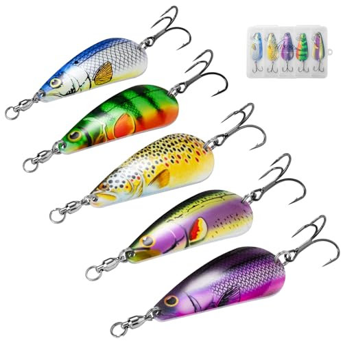 Spinner Spoons Hard Metal Fishing Bait Lures Kit for Pike Walleye Musky Bass Trout-3D Eyes & Treble/Single Hooks with Tackle Box in Freshwater and Saltwater - color: Color A-5PCS