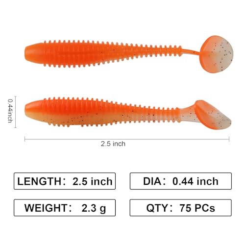 Paddle Tail Swimbaits, 2.5 inch/3inch Soft Lures Fishing Trout Crappie Bass for Freshwater and Saltwater 75PCS/60PCS - color: Orange, size: 2.5 inch, 75 PCs