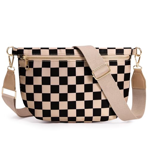 KALIDI Checkered Crossbody Bags for Women Travel Flat Fanny Packs for Woman Men Nylon Cross Body Purse Fashion Belt Bum Bag - color: Khaki Checkered