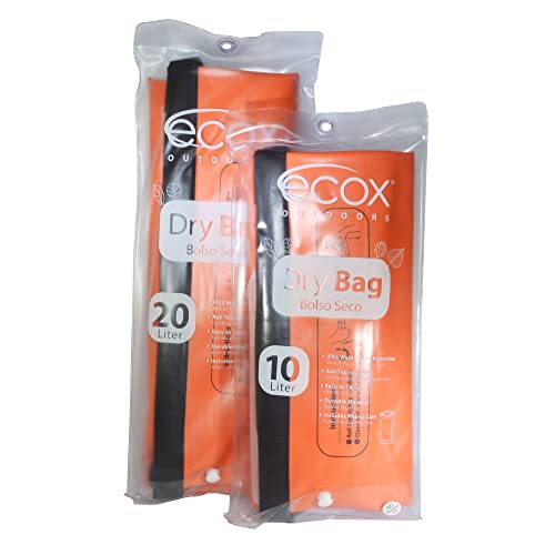 ecox Outdoors Waterproof Dry Bag for Outdoors Activities High Grade 500D PVC Construction Includes Waterproof Phone Case and Side Strap for Easy Carry 10L and 20L Models