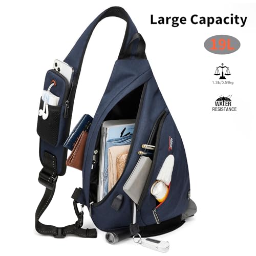 TUDEQU Large Sling Bag for Men,19L Crossbody Backpack with 8 Pocket,Gym,EDC | One Strap Backpack with Umbrella Pocket & Stability Strap,Sling Backpack,One Shoulder Backpack for Hiking,Travel,Cycling - color: Dark Blue