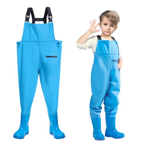 SooGree Kids Chest Wader with Non-Slip Boots,Youth Fishing Hunting Waterproof Waiters, Children Boys Girls Breathable Waders - color: Blue, size: Foot length：7.28"；Height：43.3"-47.24"