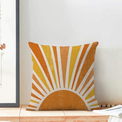 Summer Pillow Covers 16 x 16 Inch Set of 2 Stripes Yellow Burnt Orange Sun Throw Pillows Outdoor Decorative Boho Sunshine Pillowcase Linen Cushion Cases for Bed Sofa Couch - color: Boho Sun-1, size: 16" x 16" (Pack of 2)