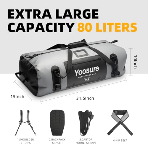 80L Waterproof Duffel Bag Motorcycle Dry Bag Backpack, Waterproof Zippered Bags with Backpack Spacer Pad for Kayaking Rafting Boating Canoeing Camping Paddle Beach (Grey) - color: Grey