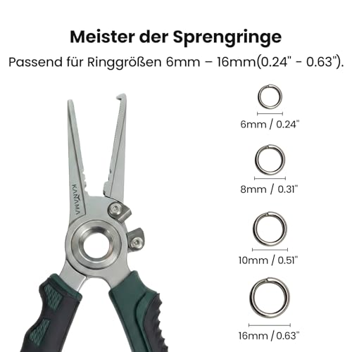 KANAMA 17-4 Stainless Steel Fishing Pliers, 7.5 Inch Rust Saltwater Fishing Pliers with Split Ring, Fish Hook Remover with Tungsten Carbide Braid Cutters, Non-Slip Handles Fishing Gifts for Men