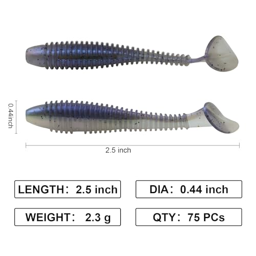 Paddle Tail Swimbaits, 2.5 inch/3inch Soft Lures Fishing Trout Crappie Bass for Freshwater and Saltwater 75PCS/60PCS - color: Junebug Purple, size: 3 inch, 60 PCs