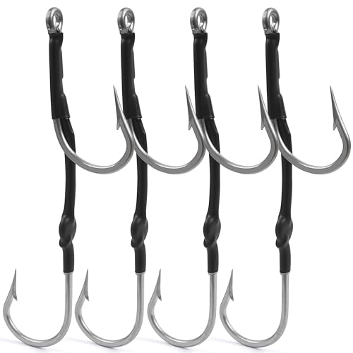 Double Hooks Rig for Trolling Chunking,4pcs Saltwater Trolling Hooks Stainless Steel Double Trolling Hooks Large Big Game Fishing Hooks for Marlin Shark Tuna Wahoo Dorado Fishing - size: 6/0-4pcs