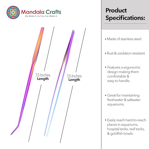 Mandala Crafts Rainbow Straight Curved Aquarium Tweezers for Fish Tanks | 15 Inch Forceps, Rust Resistant Stainless Steel, Trimming Aquatic Plants, Bowls, Terrariums, Freshwater & Saltwater Aquascape - color: Rainbow Curved Straight Tweezers, size: 15 Inc