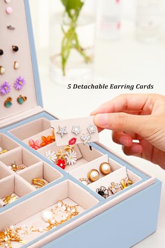 QBestry Girls Jewelry Box Earring Holder Organizer for Girls Jewelry Organizer Box Stud Earrings Organizer for Girls Womens Blue Jewelry Box for Earrings and Necklaces Rings Stud Earrings Box for Teen - color: Blue, size: Medium