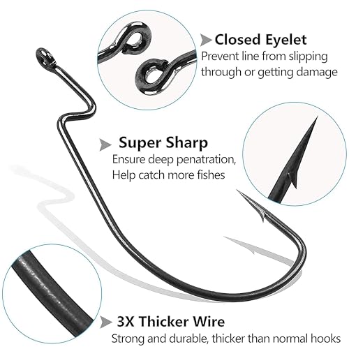 Bass Fishing Hooks 3X Strong Offset EWG Worm Hooks Jigs for Soft Plastic Bait Bass Trout Texas Rig 1-5/0 - size: 50PCS-1#