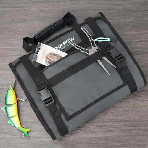 THKFISH Big Bait Bag, Roll-Up Large Trolling Lure Bag for Big Baits with 7 or 8 Heavy Duty PVC Protective Cover Pockets, Mesh Cleaning & Drying Tabs - size: Large